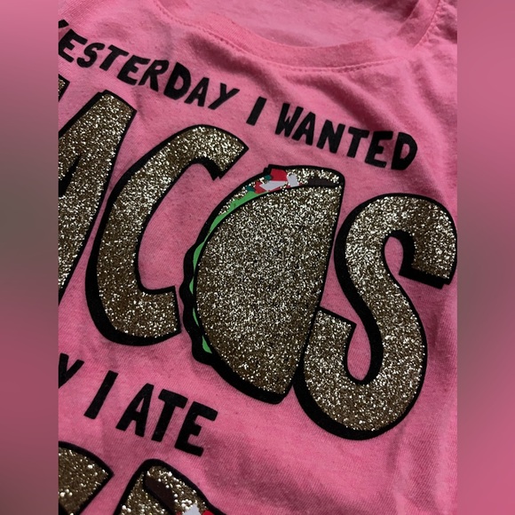 Justice 💕 Girls Taco 🌮 Tee Size 12 Hot Pink Neon Glitter T. Shirt - Picture 2 of 10